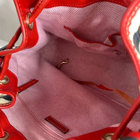 DOONEY BOURKE Zebra Drawstring Bucket Bag Red Leather Trim Buckle Strap EUC - Picture 12 of 15